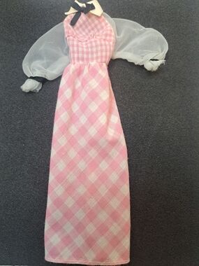 Vintage BARBIE #4220 Doll Quick Curl Pink Long Lace Gingham Dress-1970s